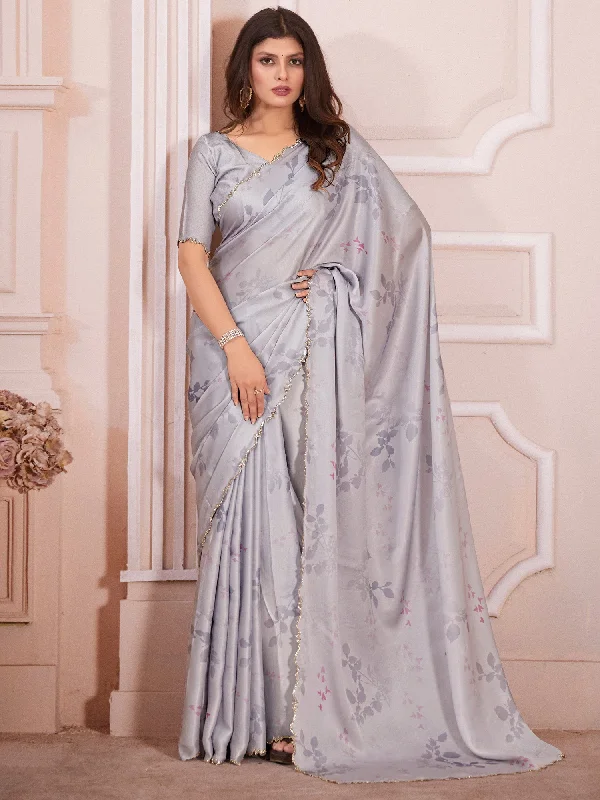 Women's Satin Silk Grey Digital Print Designer Saree With Blouse Piece Sheer Sleeve Blouse Women's Satin Silk Grey Digital Print Designer Saree With Blouse Piece Sheer Sleeve Blouse