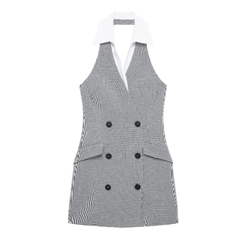 Double Breasted Plaid Halter Mini Dress Stylish Button-Down Mini Dress