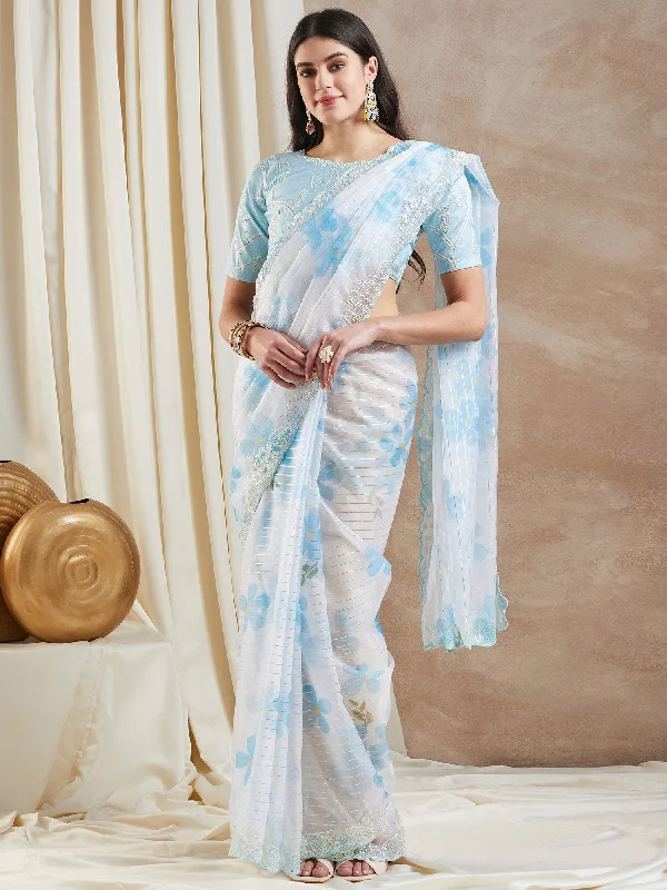 Women's Organza Light Blue Embellished Designer Saree With Blouse Piece Peter Pan Blouse Women's Organza Light Blue Embellished Designer Saree With Blouse Piece Peter Pan Blouse
