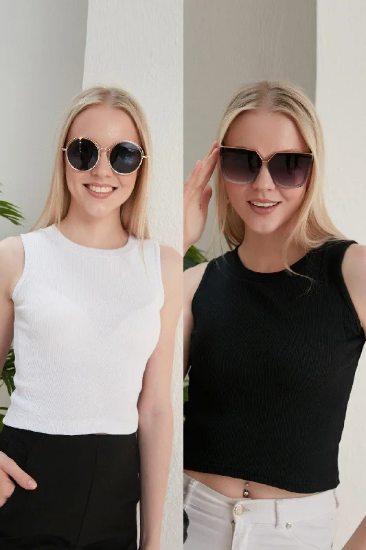 Women's Black and White Halter Neck 2 Piece Crop Blouse Soft Pastel Blouse