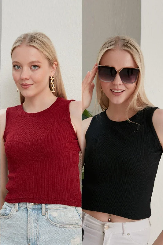Women's Burgundy Black Halter Neck 2 Piece Crop Blouse Versatile Layering Blouse