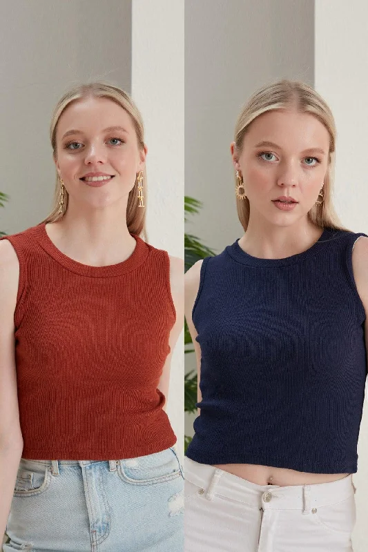 Women's Tile Navy Blue Halter Neck 2 Piece Crop Blouse Romantic Lace Blouse