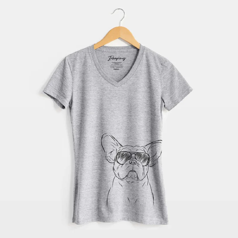 Aviator Pierre the French Bulldog - Women's V-neck Shirt-- Striped Floral Plaid
