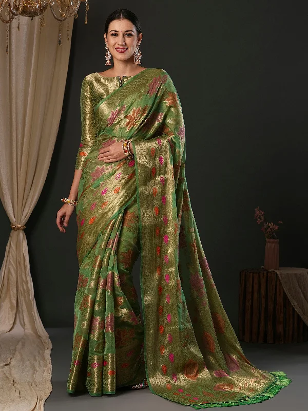 Women's Organza Light Green Woven Design Designer Saree With Blouse Piece Elegant Semi-Sheer Blouse Women's Organza Light Green Woven Design Designer Saree With Blouse Piece Elegant Semi-Sheer Blouse