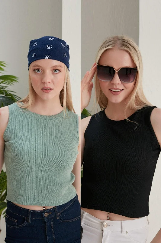 Women's Black Mint Halter Neck 2 Piece Crop Blouse Sweetheart Neck Blouse