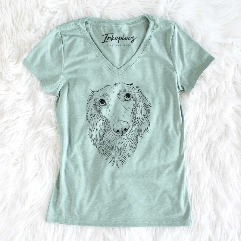 Bare Mr. Rusty the Long Haired Dachshund - Women's V-neck Shirt-- Modern Contemporary Chic Bare Mr. Rusty the Long Haired Dachshund - Women's V-neck Shirt-- Modern Contemporary Chic