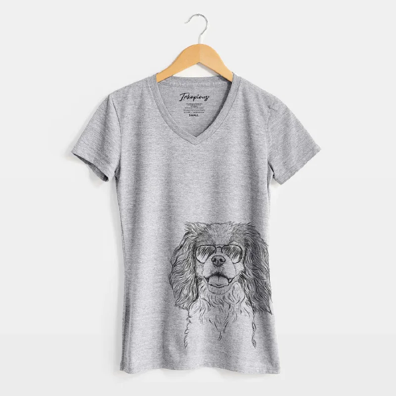 Aviator Poppy the Cavalier King Charles Spaniel - Women's V-neck Shirt-- Houndstooth Herringbone Solid Aviator Poppy the Cavalier King Charles Spaniel - Women's V-neck Shirt-- Houndstooth Herringbone Solid
