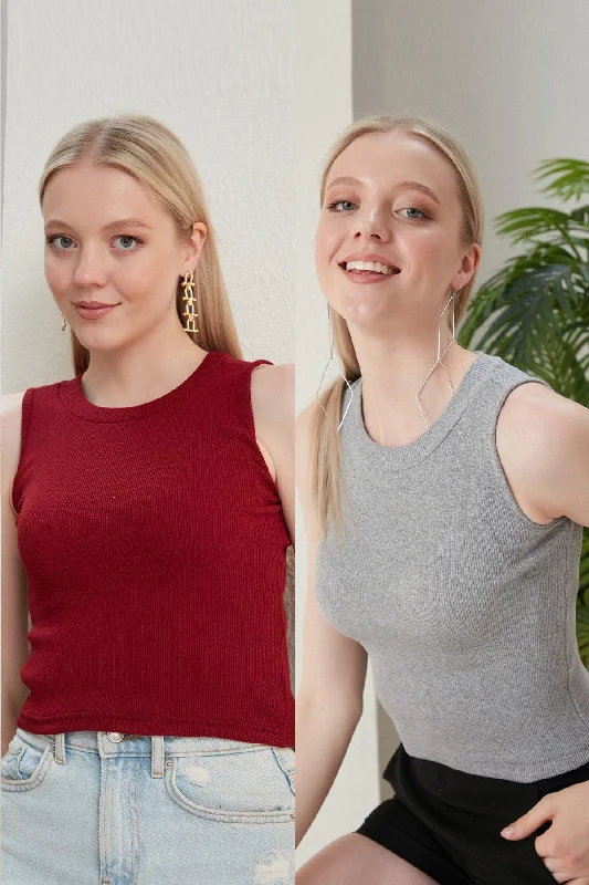 Women's Burgundy Gray Halter Neck 2 Piece Crop Blouse Vintage Lace Blouse