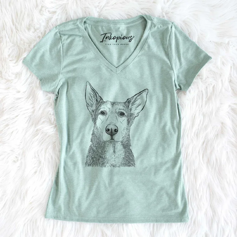 Bare Misty the German Shepherd Mix - Women's V-neck Shirt-- Denim Fabric Leather Fabric Suede Fabric Bare Misty the German Shepherd Mix - Women's V-neck Shirt-- Denim Fabric Leather Fabric Suede Fabric