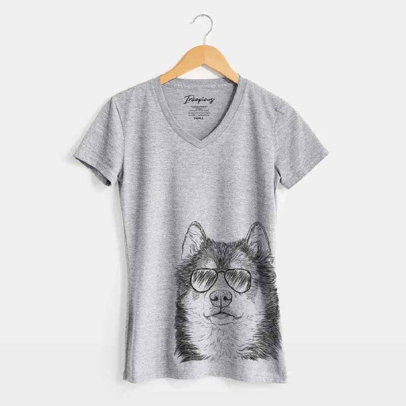 Aviator Oskar the Canadian Eskimo Dog - Women's V-neck Shirt-- Spandex Blend Rayon Blend Denim Blend