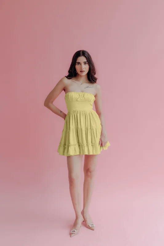 Sabrina Lime Yellow Strapless Mini Dress Classic Floral Mini Dress
