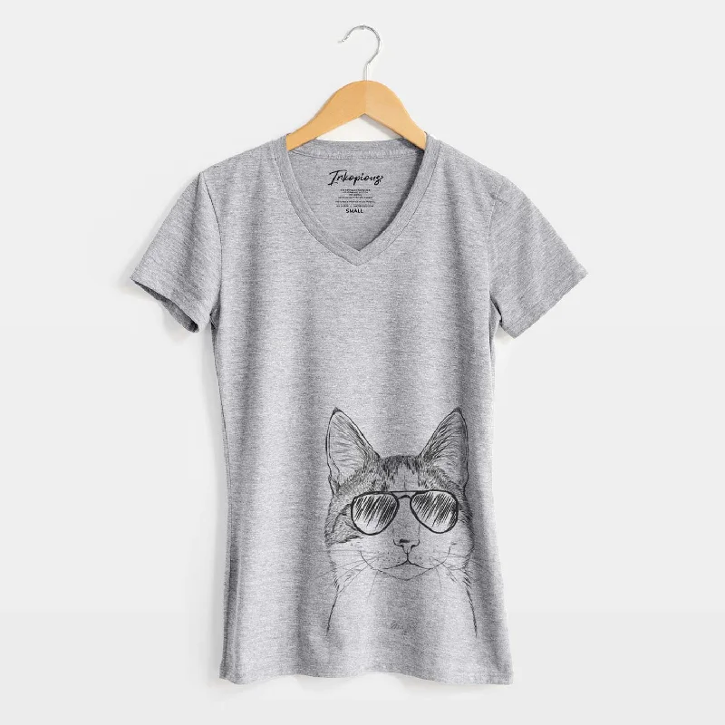 Aviator Mini Griffin the Domestic Shorthair Cat - Women's V-neck Shirt-- Rayon Fabric Velvet Fabric Corduroy Fabric Aviator Mini Griffin the Domestic Shorthair Cat - Women's V-neck Shirt-- Rayon Fabric Velvet Fabric Corduroy Fabric