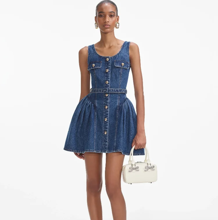 Flared Denim Mini Dress Blue - Self-Portrait Casual High-Waist Mini Dress