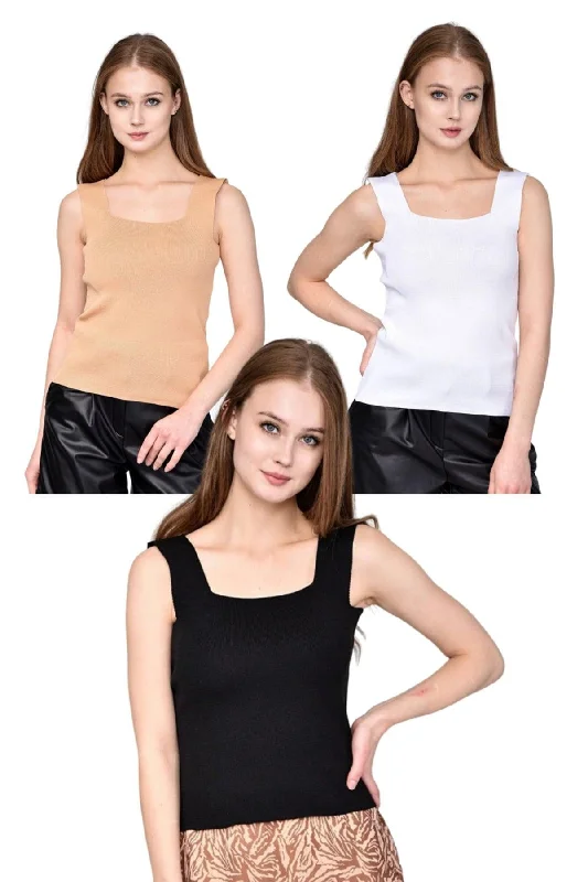 Women's Black-white-beige Square Collar Thick Strap 3 Pack Summer Knitwear Blouse Elegant Lace Blouse Women's Black-white-beige Square Collar Thick Strap 3 Pack Summer Knitwear Blouse Elegant Lace Blouse