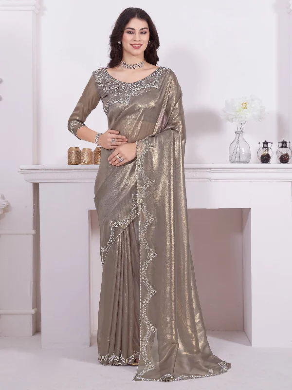 Women's Organza Bronze Embellished Designer Saree With Blouse Piece Office Formal Blouse Women's Organza Bronze Embellished Designer Saree With Blouse Piece Office Formal Blouse