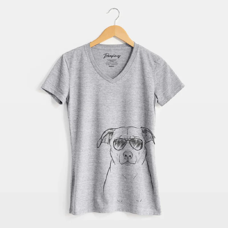 Aviator Mica the Labrador Pittbull Mix - Women's V-neck Shirt-- Fleece Nylon Spandex Aviator Mica the Labrador Pittbull Mix - Women's V-neck Shirt-- Fleece Nylon Spandex