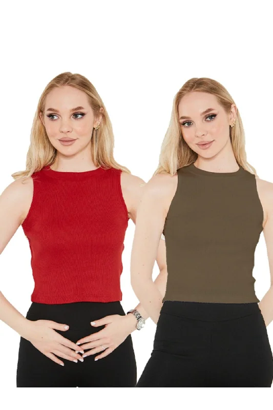 Women's Red Khaki Halter Neck 2 Piece Crop Blouse Puff Sleeve Blouse