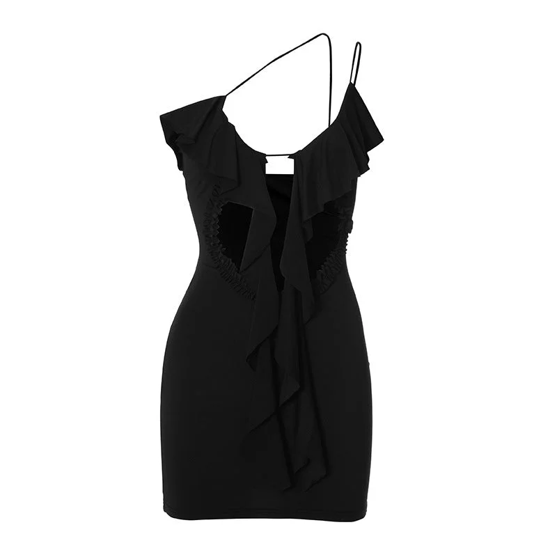 One Shoulder Ruffle Trim and Cut Out Mini Dress Classic Solid Mini Dress