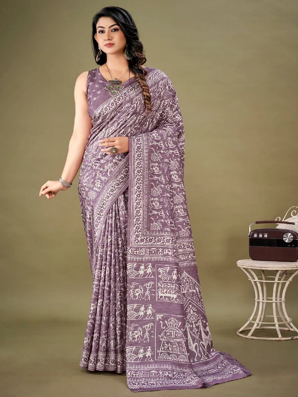 Women's Dola Silk Mauve Printed Designer Saree With Blouse Piece Double-Layered Blouse Women's Dola Silk Mauve Printed Designer Saree With Blouse Piece Double-Layered Blouse