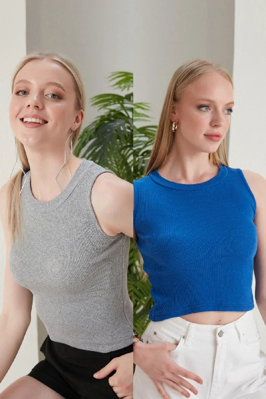 Women's Sax Gray Halter Neck 2 Piece Crop Blouse Slim Fit Blouse