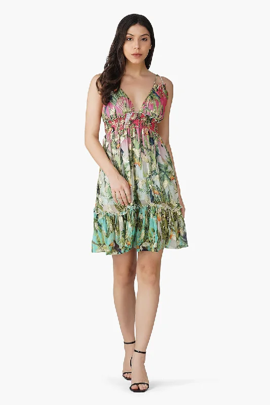Farm Chirping Birds Printed Mini Dress Elegant Silk Mini Dress