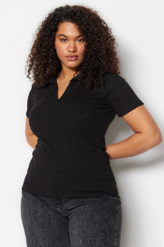Black Fit Knitted Pond Collar Blouse TBBSS22BZ0750 Elegant Peplum Blouse