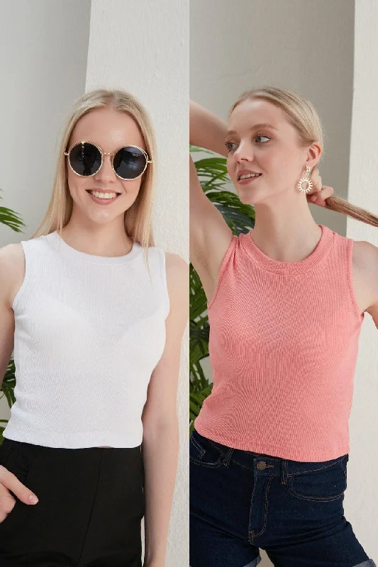 Women's White Powder Halter Neck 2 Piece Crop Blouse Satin Drape Blouse