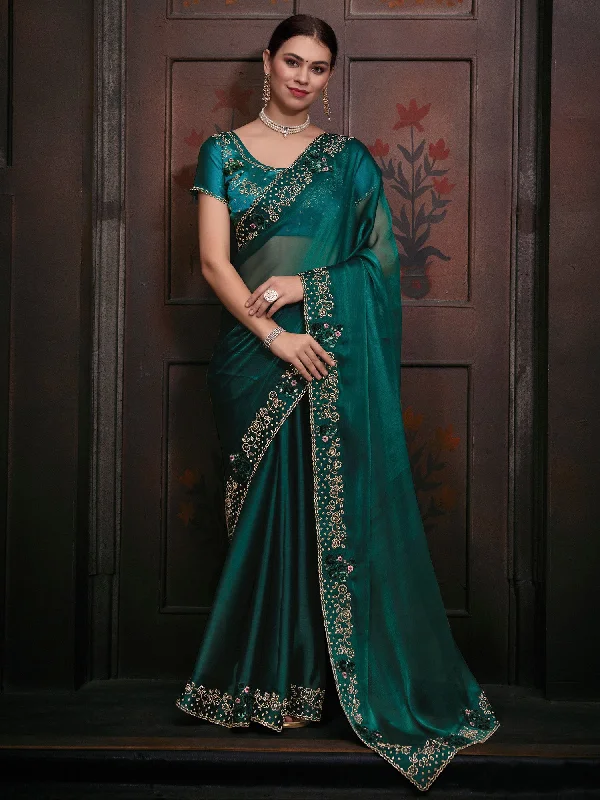 Women's Organza Teal blue Embellished Designer Saree With Blouse Piece Elegant Silk Blouse Women's Organza Teal blue Embellished Designer Saree With Blouse Piece Elegant Silk Blouse