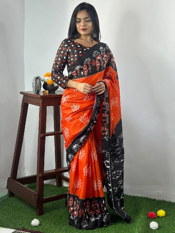 Women's Cotton Orange Printed Designer Saree With Blouse Piece Modern Work Blouse