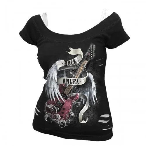 Spiral Direct Womens/Ladies Rock Angel Ripped 2 in 1 T-Shirt-- Layered Multi-layer Single Layer Spiral Direct Womens/Ladies Rock Angel Ripped 2 in 1 T-Shirt-- Layered Multi-layer Single Layer