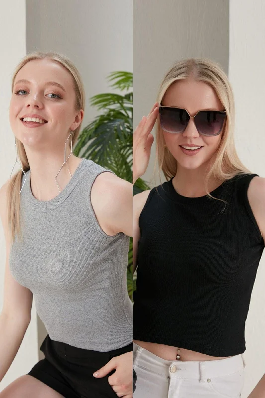 Women's Gray Black Halter Neck 2 Piece Crop Blouse Double-Layered Blouse