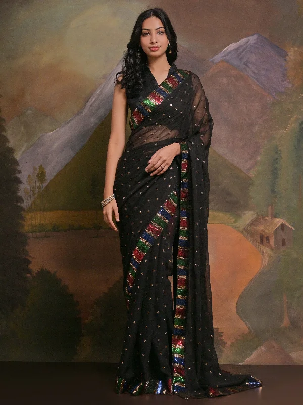 Women's Georgette Black Embellished Designer Saree With Blouse Piece Versatile Layering Blouse Women's Georgette Black Embellished Designer Saree With Blouse Piece Versatile Layering Blouse