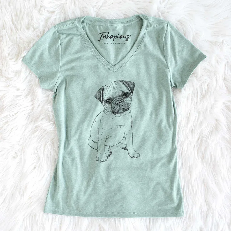 Bare Nelson the Pug Puppy - Women's V-neck Shirt-- Polka Dot Checkered Tartan