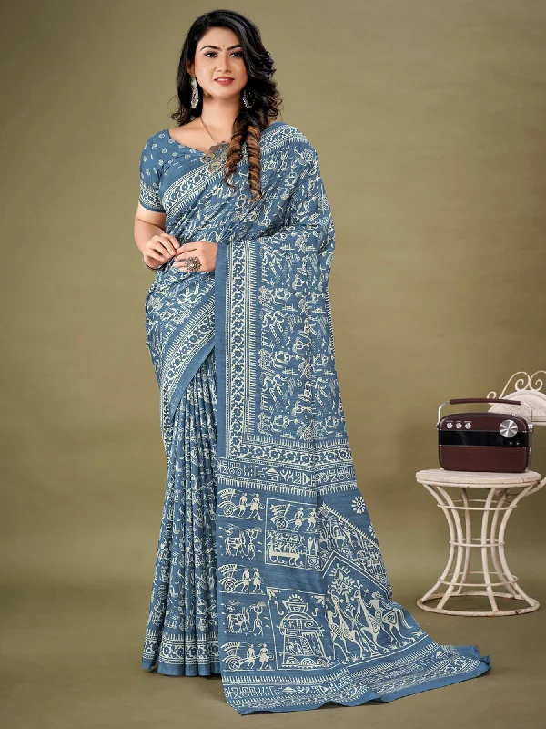 Women's Dola Silk Blue Printed Designer Saree With Blouse Piece Lightweight Linen Blouse Women's Dola Silk Blue Printed Designer Saree With Blouse Piece Lightweight Linen Blouse