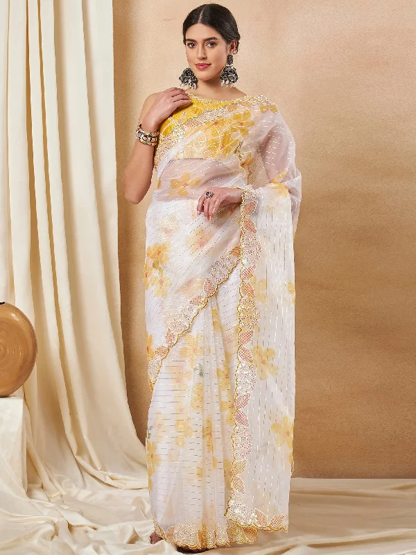 Women's Organza Yellow Embellished Designer Saree With Blouse Piece Pleated Collar Blouse Women's Organza Yellow Embellished Designer Saree With Blouse Piece Pleated Collar Blouse