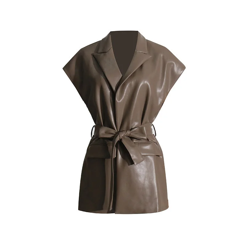 Collared V Neck Wrap Faux Leather Mini Dress Trendy Cut-Out Mini Dress
