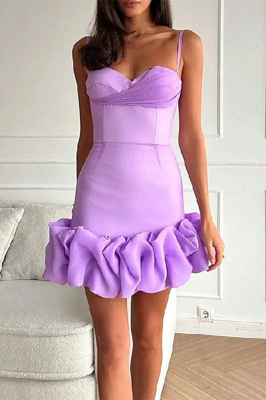 storexq Solid Color Elegant Ruffle Hem Mini Dress Elegant Vintage Mini Dress