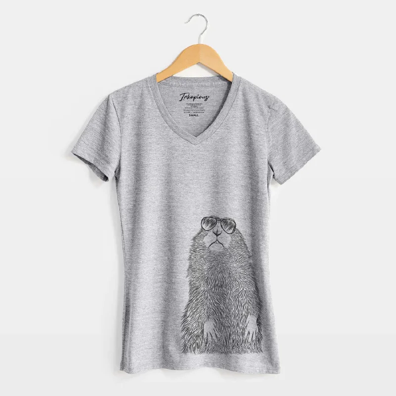 Aviator Mr. Otis the Prairie Dog - Women's V-neck Shirt-- Zippered Buttoned Snapped