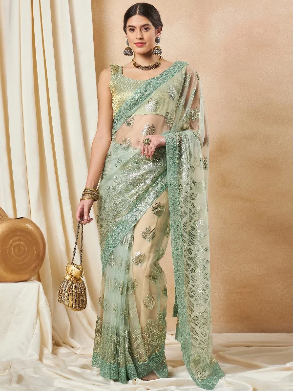 Women's Net Light Green Embellished Designer Saree With Blouse Piece Elegant Embroidery Blouse