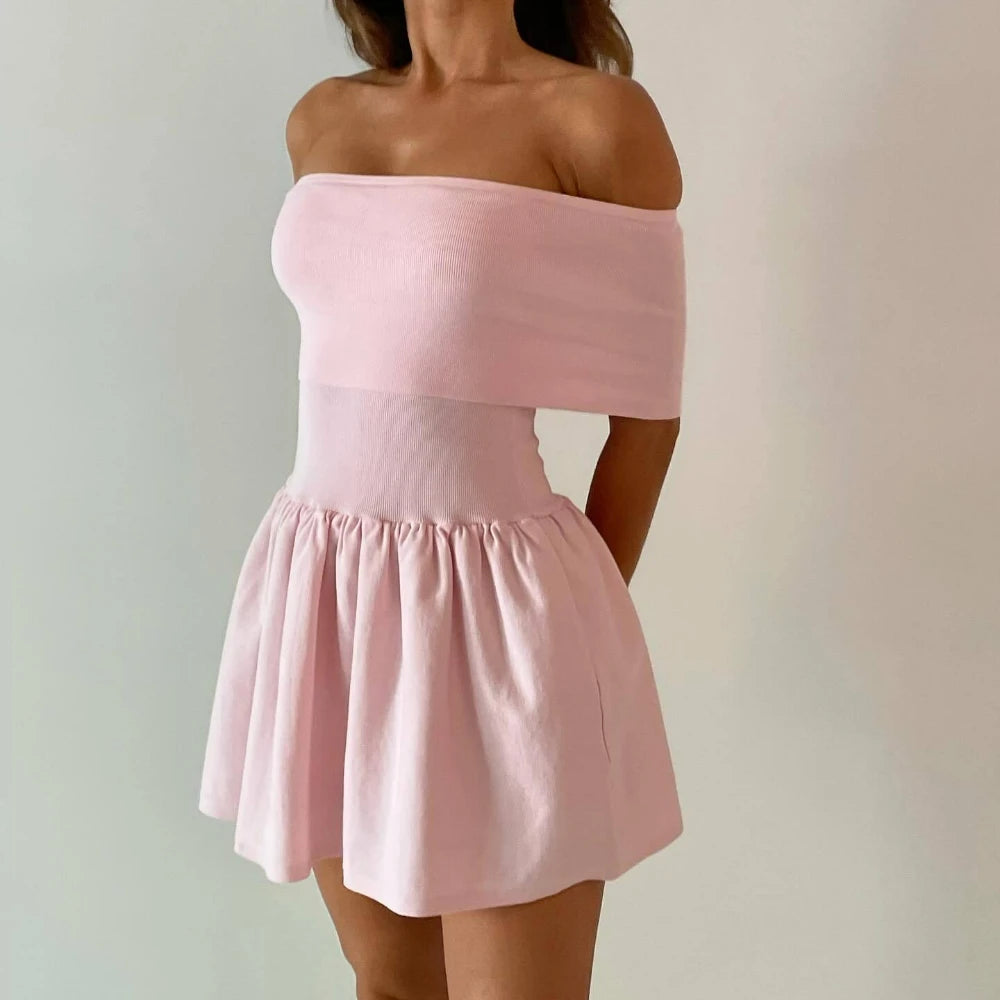 Advbridge Pink Knitted Mini Dress Women Elegant Fashion Off The Shoulder Bodycon Short Dresses Summer Sweet Girl Holiday Beach Dress 2024 Cozy Cotton Mini Dress