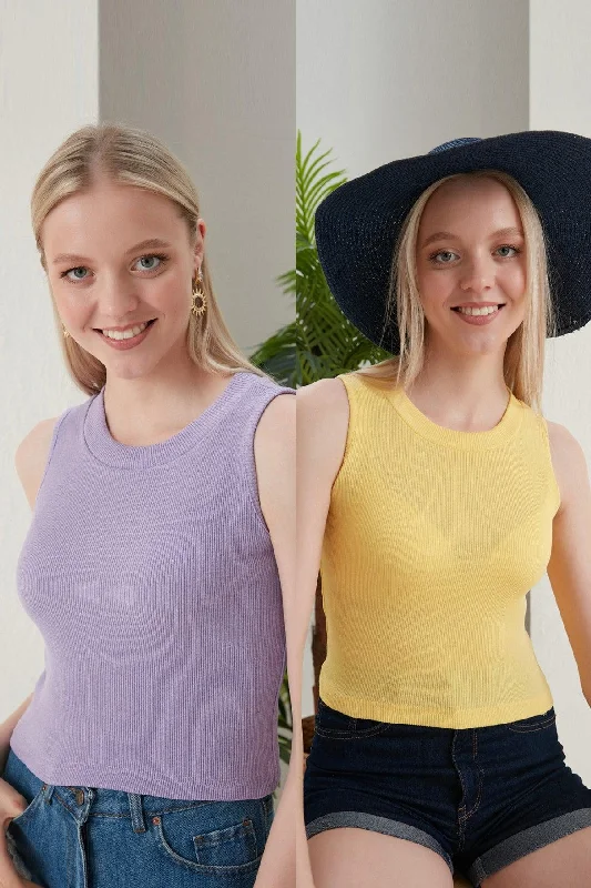 Women's Yellow Lilac Halter Neck 2 Piece Crop Blouse Wrap Front Blouse