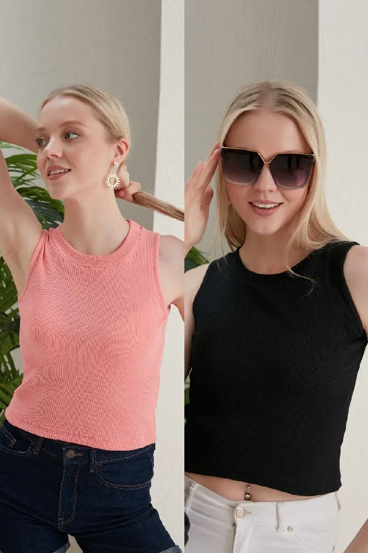 Women's Black Powder Halter Neck 2 Piece Crop Blouse Lightweight Linen Blouse