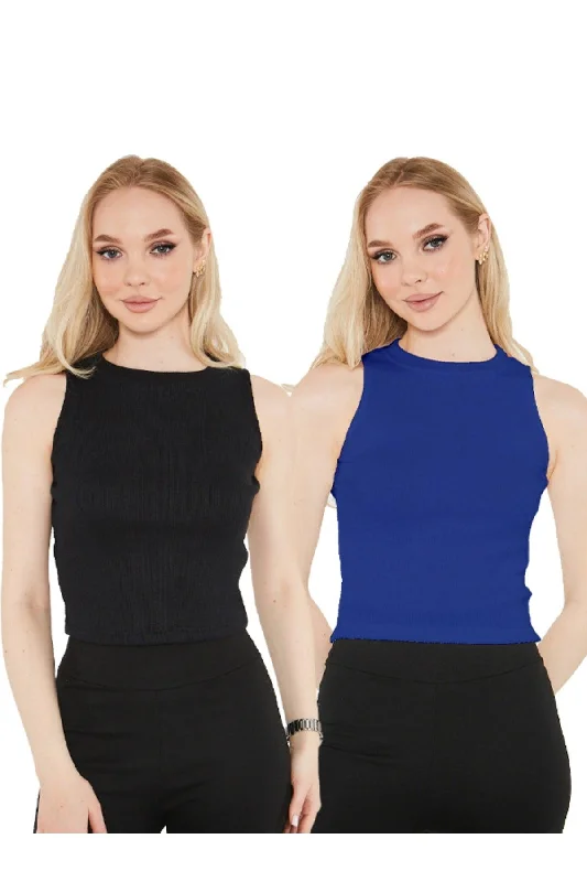 Women's Sax Black Halter Neck 2 Piece Crop Blouse Embroidered Cotton Blouse