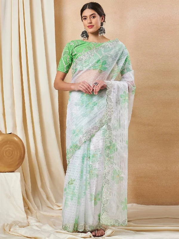 Women's Organza Light Green Embellished Designer Saree With Blouse Piece Feminine Tie Blouse Women's Organza Light Green Embellished Designer Saree With Blouse Piece Feminine Tie Blouse