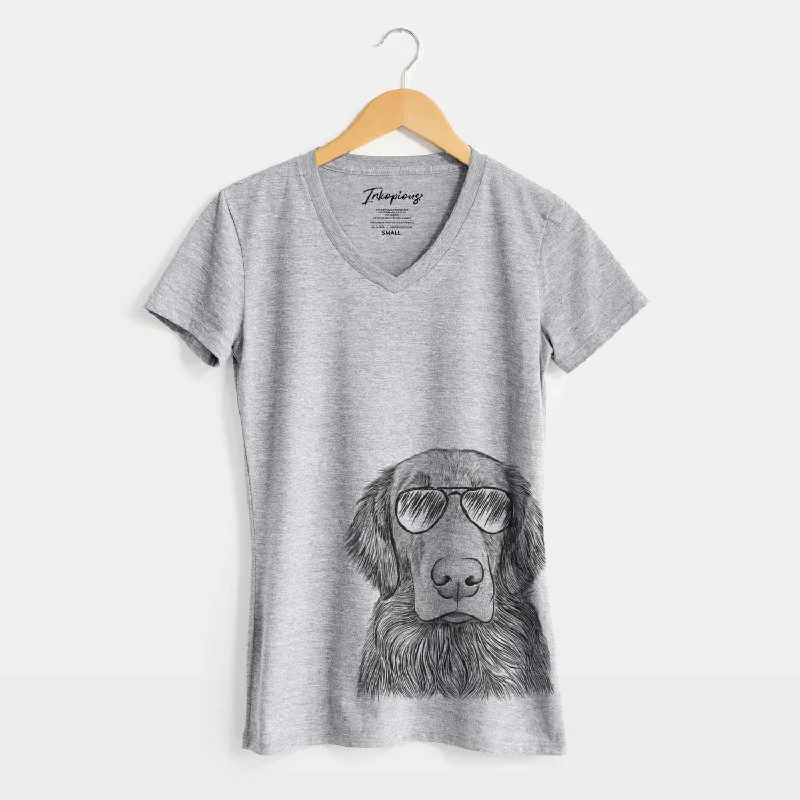 Aviator Pippin the Flat Coated Retriever - Women's V-neck Shirt-- Wool Fabric Cashmere Fabric Tweed Fabric Aviator Pippin the Flat Coated Retriever - Women's V-neck Shirt-- Wool Fabric Cashmere Fabric Tweed Fabric