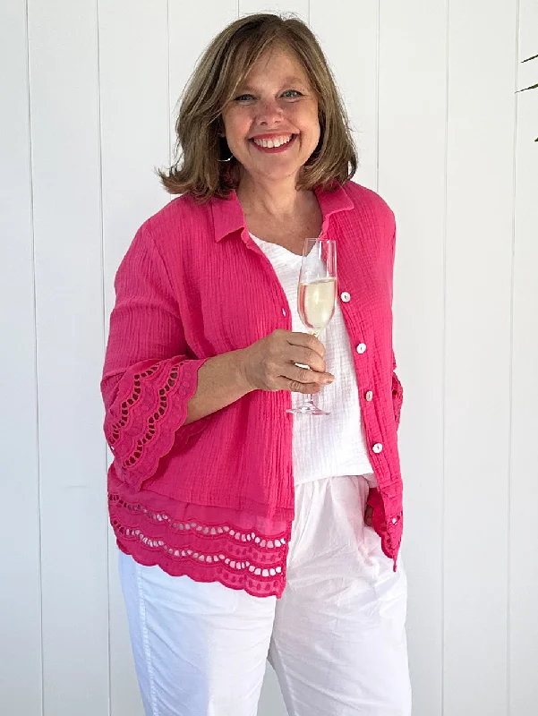Libby Byron Cotton Shirt - Hot Pink-- Mesh Blend Leather Blend Suede Blend