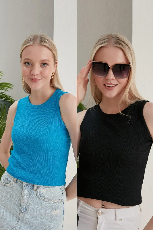 Women's Black Blue Halter Neck 2 Piece Crop Blouse Lightweight Floral Blouse
