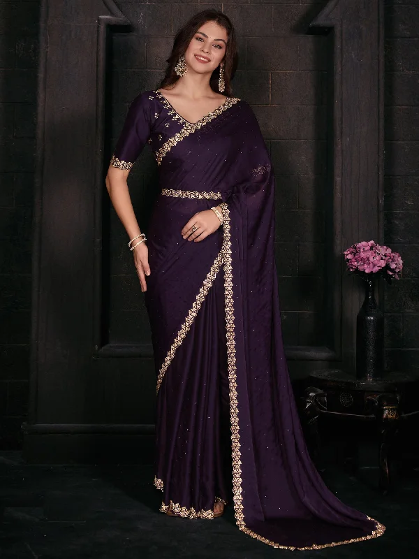 Women's Satin Silk Purple Embellished Designer Saree With Blouse Piece Pastel Color Blouse Women's Satin Silk Purple Embellished Designer Saree With Blouse Piece Pastel Color Blouse