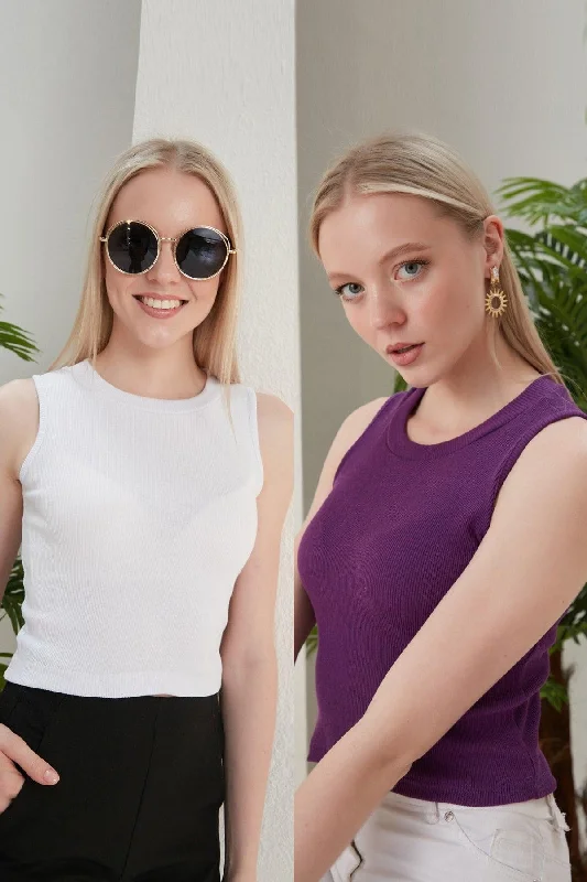 Women's White Purple Halter Neck 2 Piece Crop Blouse Frilled Cuff Blouse