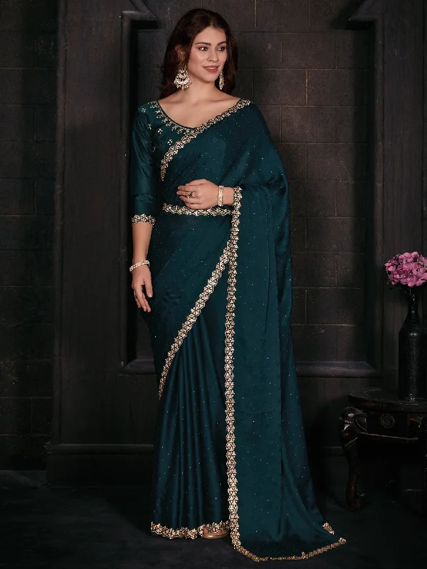 Women's Satin Silk Teal blue Embellished Designer Saree With Blouse Piece Slim Fit Blouse Women's Satin Silk Teal blue Embellished Designer Saree With Blouse Piece Slim Fit Blouse